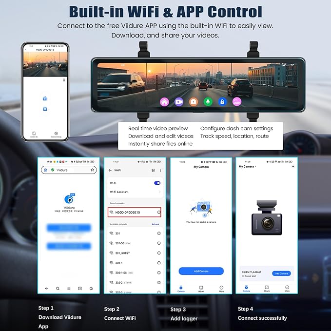 4K Mirror Dash Cam 11.26" Rear View Mirror Front and Rear View Dual Cameras with Night Vision,G-Sensor,Loop Recording,Parking Assistance,APP Control,24H Parking Monitor,Waterproof Backup Camera