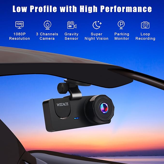 3 Channel Dash Cam Front and Rear Inside with 64GB Card, WIZACE1080P Dash Camera for Cars, Dashcam Three Way Triple Car Camera with IR Night Vision, Loop Recording, G-Sensor, HDR, 24 Hours Recording