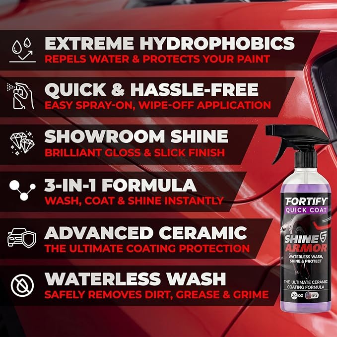 Car Wax Spray and Ceramic Coating for Cars - 3 in 1 Waterless Car Wash and Detailing - Quick Effect Coating Agent for Car - High Gloss Car Coating Spray, Shiny Car Stuff by Shine Armor - 8FlOz