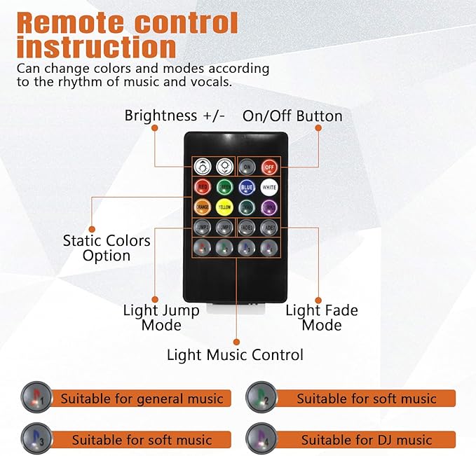 Wuyaoyao Car LED Interior Light, 48 LED Lights Multicolor Music Car Strip Light, Car Strip Light with Sound Active Function and Remote Control, Under Dash Lighting Kit (USB+Remote)