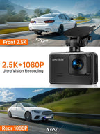 Dash Cam Front and Rear, 2.5K+1080P Dual Dash Camera for Cars, 2’’ Display Mini Car Camera, G-Sensor Dashcam, Night Vision, 24H Parking Mode, Loop Recording, 170°Wide Angle