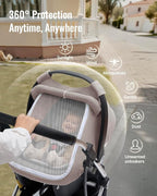 Blissful Diary Baby Car Seat Cover, Extra Large Mesh Window, Breathable Muslin Cotton, Infant Windproof Canopy, Agreeable Gray