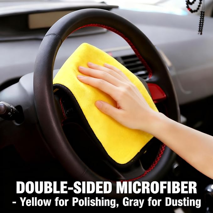 Ultrasoft, Large, Thick and Quick Drying Car Microfiber Cleaning Towel 800GSM Polishing Waxing Auto Detailing Towel Cloth (6pack) (Grey-Yellow)