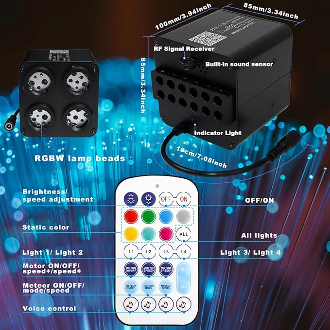AMKI Updated 4Color Meteor Twinkle 36w Starlight Headliner Kits 900pcs 0.03in 9.8ft, 240pcs RGB Meteor Shooting Star Cable, 2 in 1 Fiber Optic Light Box RGBW Sound Activated Mode for Car& Home Decor