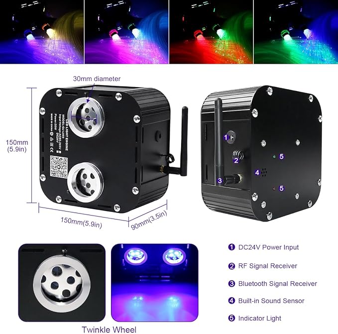 AZIMOM Updated Dual Color 50W Twinkle Fiber Optic Starlight Kits 1800pcs*0.03in*16.4ft Fiber Strands Sound Activated Bluetooth/APP Remote Control Theater Ceiling Home Shop Lobby Roof Decor
