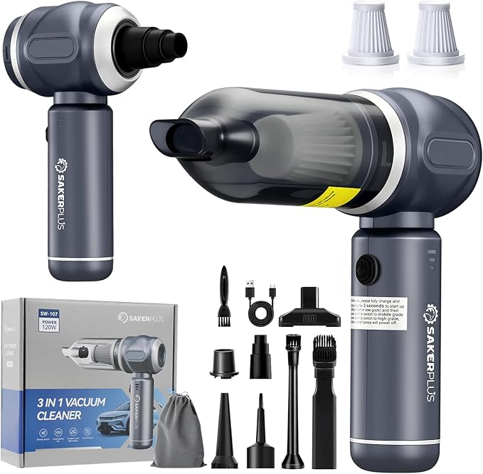 SakerPlus Car Vacuum Portable Cordless, 3-in-1 Hand Held Mini Vacuum Cleaner 17500PA High Power, Handheld Vacuum & Air Duster for Suction, Blowing, Inflating & Deflating, Ideal for Car Home Office