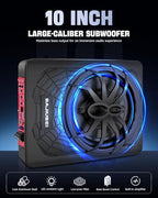 10" 1200W Slim Under Seat Powered Car Subwoofer Hideaway Subwoofer with Complete Mounting Wire Kit, Car Truck Audio Subwoofer Built in Amplifier Sub Amp Combo, with Blue LED Ambient Light