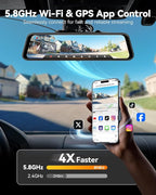 WOLFBOX G850 PRO 4K Mirror Dash Cam with ADAS and BSD, Smart Rear View Mirror with 5.8GHz WiFi, Voice Control, 12 inches Camera Includes 64GB Card, GPS, G-Sensor, Loop Recording