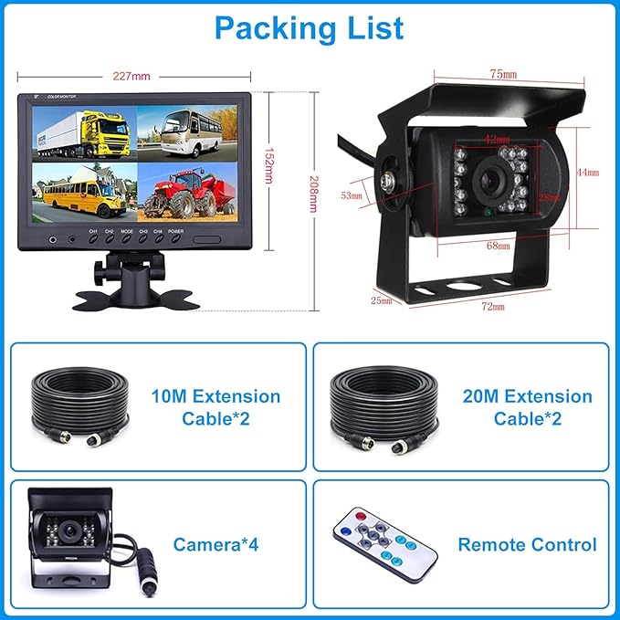 Hodozzy 4 Channel Backup Camera System with 9 Inch Quad Split Screen Monitor, Waterproof Rear View Camera with 18 IR Night Vision, Easy Installation for Truck RV Trailer Vans