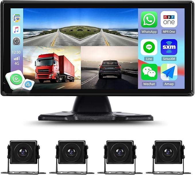 1080P Backup Camera System Kit with CarPlay,10.36" Touch Screen Reversing Monitor with Record Function,Night Vision DVR,IP68 Waterproof,Reverse/Side View Camera for RV/Semi Box Truck(12-36V)