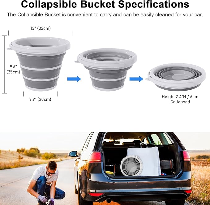 Collapsible Wash Bucket with Microfiber Mitt, 10L (2.6 Gallon) Portable Collapsiblle Buckett with Handle for Car Wash Household Cleaning, Multiuse Collapsibles Water Bucket and Car wash mitt - Grey