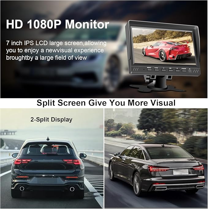 Dual Backup Camera 7" Split Monitor with 32G SD Card Kit, AHD 2 Channels Split Screen with 32G Recording, Reversing Camera IP69 Waterproof Front & Rear View Camera for Truck Trailer Semi-Trailer Box