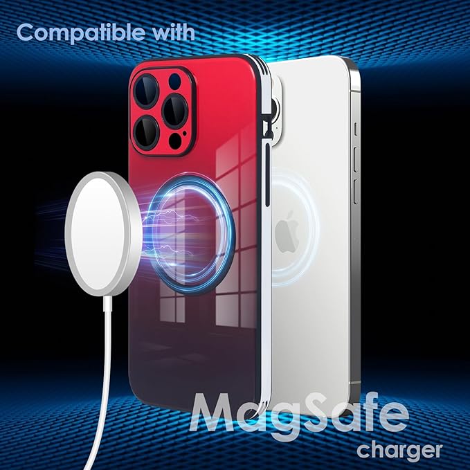 Guppy Compatible with iPhone 15 Pro Max Case Magnetic, with Full Camera Lens Protector [Compatible with MagSafe] Scratch Resistant Gradient Glass Back Cover Phone Case-Red