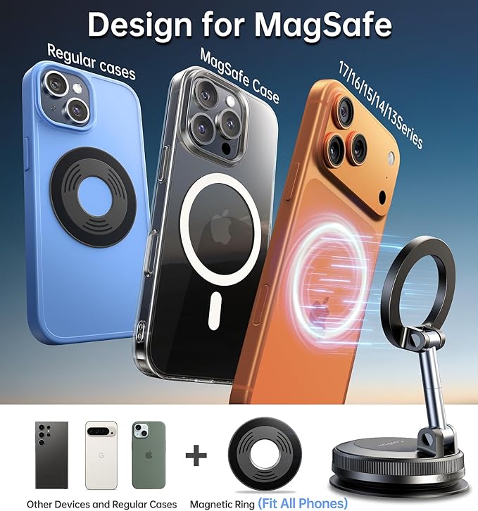 Coolpow【Newest Vacuum Magnetic Phone Holder for Car Phone Holder Mount【Movable Vacuum Suction】 Magsafe Car Mount Cell Phone Holders for Your Car Accessories for Women Men for iPhone 17 16 15 14 Kits
