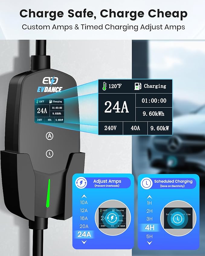 EVDANCE Level 2 EV Charger 24Amp 240V - NEMA 10-30P Charging Station, 25FT Cable for Home/Garage, J1772 Electric Vehicles & Adjustable Current (10-24A) (for J1772(Non-Tesla Evs), NEMA 10-30 Plug)