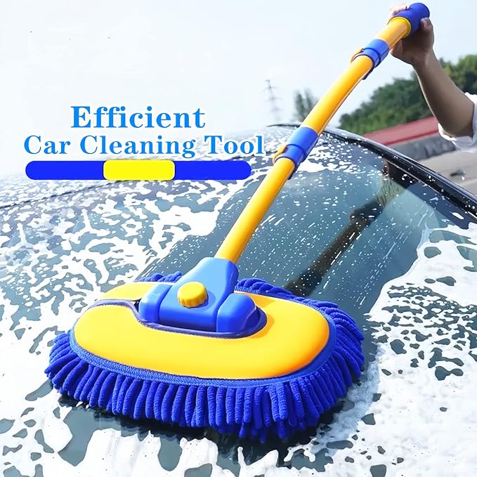 Mveqrrn Upgrade Car Wash Brush with Long Handle,Car Wash Brush Car Cleaning Brush Kit Car Wash Mop Car Wash Brush with Telescopic Pole Car Washing Brush with Scratch-Free Replacement Head(Blue