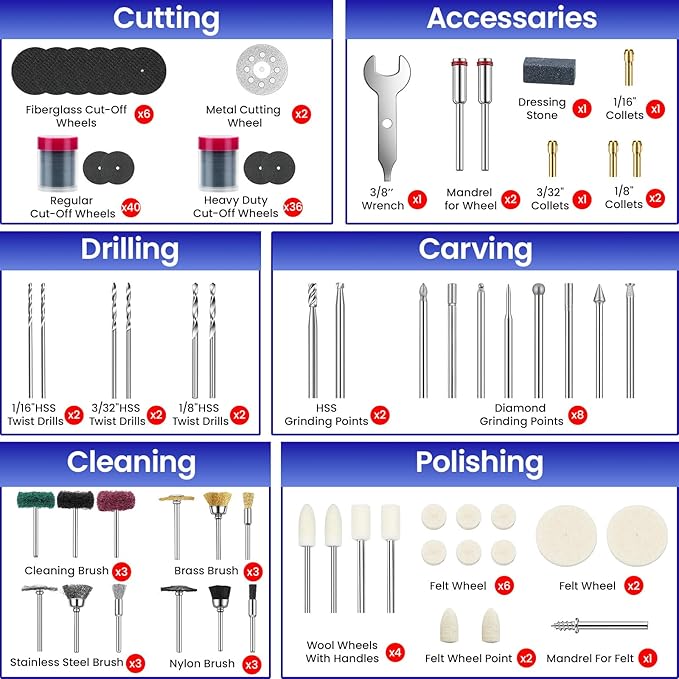 652-Piece Rotary Tool Accessory Kit, Dremel Compatible, Includes Grinding, Sanding, Cutting, Drilling, Cleaning, Polishing, Carving Bits & Attachments for DIY Enthusiasts