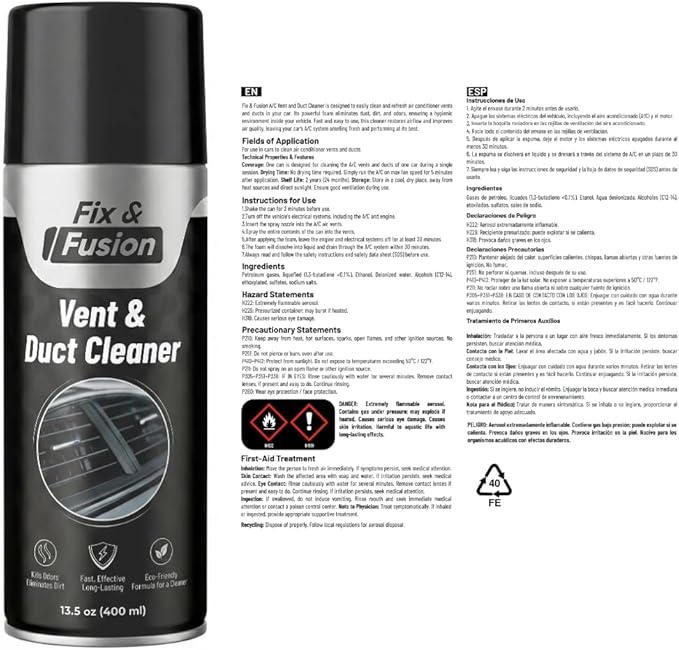 FIX & FUSION A/C Vent and Duct Cleaner | Foaming Spray for Car Air Conditioner | Freshens & Cleans Dust Build-Up | Fast, No-Rinse Formula | Automotive HVAC Refresher & Detailer