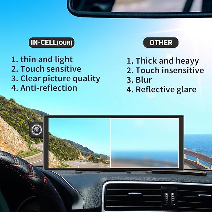 11 Inch Wireless Apple CarPlay & Android Auto Screen for Car,with 4K Dash Cam,Ultra-Light Touchscreen, IP68 1080P Backup Camera, GPS Navigation, Voice Control, Mirror Link(No Card)