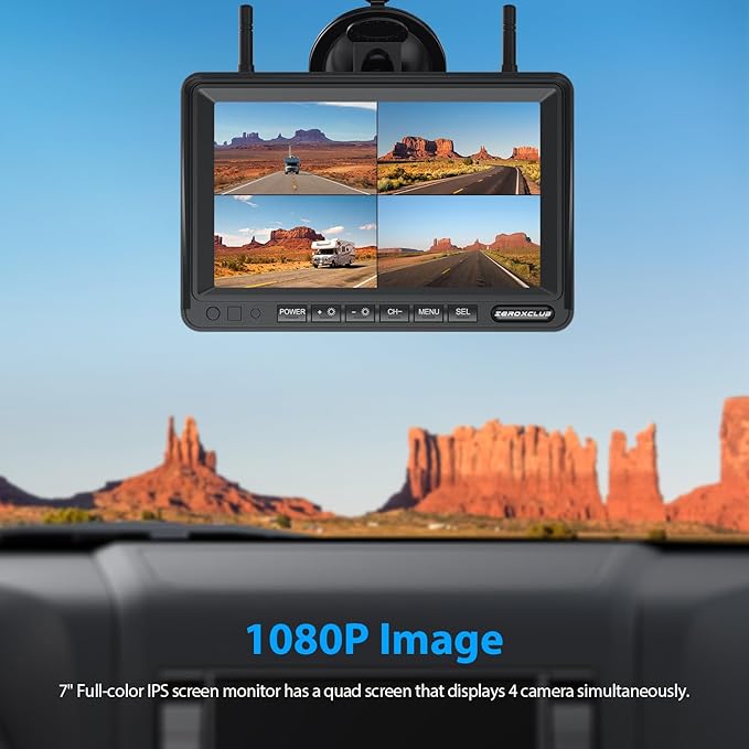 ZEROXCLUB 4 Cameras Wireless RV Backup System with 7-Inch Monitor, 2 Rear Sharkfin 2 Side Cameras, IR Night Vision, IP69k Waterproof Recording, Compatible with Furrion Pre-Wired RV Truck Trailer BW4