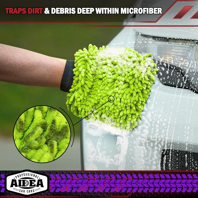 AIDEA Car Wash Mitt Microfiber, 2PK Scratch Free Lint-Free, Premium Chenille Microfiber Mitt Car Wash Brush, Green & Blue, Extra Large Size 8''X12''