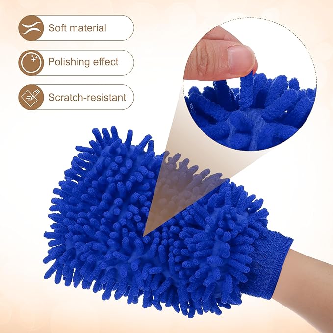 HARFINGTON 2pcs Premium Chenille Microfiber Car Wash Mitts 9.8" x 7.9" Scratch Free Wash Gloves Absorbent Double Sided Plush Cleaning Drying Mitts for Car Washing Home Blue