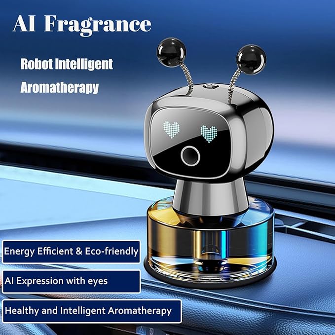 Robot Intelligent Aromatherapy Machine, Smart Cute Robot Car Air Freshener - Fine Spray/Fillable/Four-Gear Adjustment/Vibration Sensing/On-Off/Large Capacity Long-Lasting Fragrance/Black-V2(Cologne)