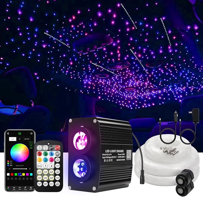AKEPO 18W Home Car Dual Color Twinkle&Shooting Star Two-in-one Fiber Optic Lights Kit, 900pcs*9.8ft*0.03in+240pcs Meteor Fibers+Music Activated+APP/Remote Control Starlight Headliner Kits