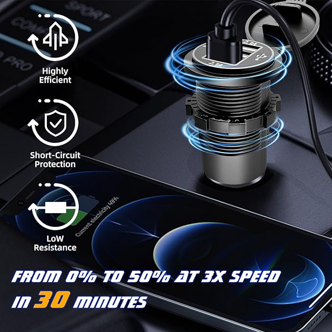 12V USB Outlet Wire USB Charger, 3 Port 12V/24V Charger Socket for Cars, Boats, RVs, Trucks, Golf Carts, and Motorcycles and More (Pack of one)