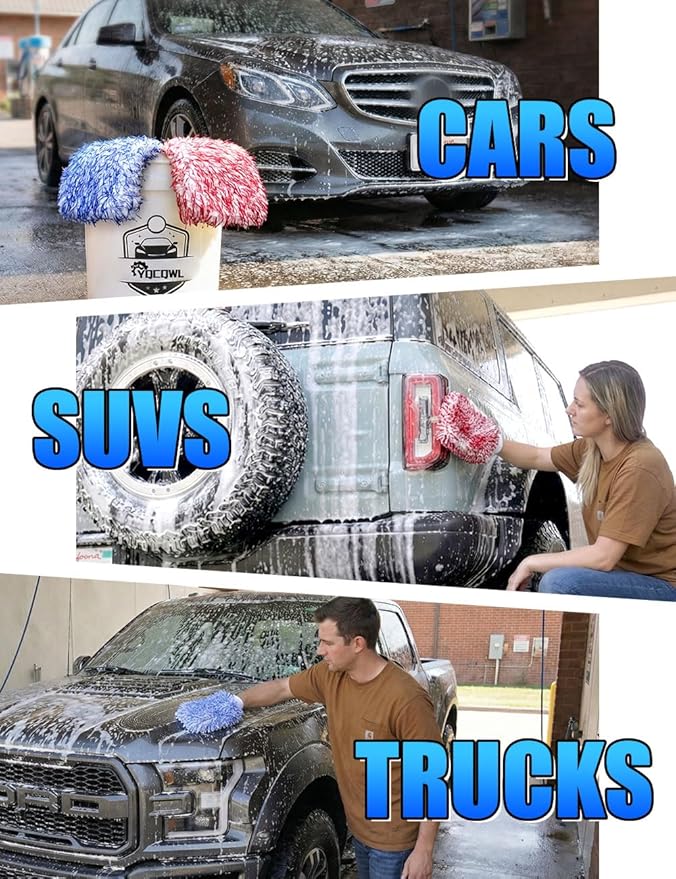 2Pack Premium Microfiber Car Wash Mitt, 10 x 8 Inches, Car Sponge Wrapped in Soft, Machine Washable (Blue & Red)
