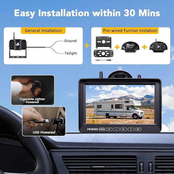Wireless Backup Camera with 7" 1080p Monitor, RV Backup Camera for Furrion Pre-Wired, Recording 4-Channel Split Screen, IR Night Vision, IP69 Wide Angle, Back up Camera Systems for Truck Trailer