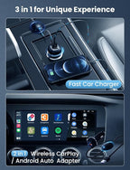 All-in-One Wireless Carplay & Android Auto Adapter with Fast Car Charger - 3 in 1 Cable for Stable Voltage, Enhanced Carplay/Android Auto Data. 48W, Dual USB C & A Ports