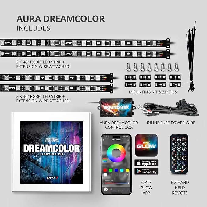 OPT7 Aura DreamColor Underglow Chasing Light Kit with APP & Remote Control, 4 PCS Flexible RGBIC LED Strips, 12V Neon Accent Underbody Lights for Car Truck RV, Multi Color Music Mode, Easter Gifts