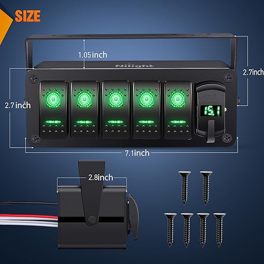 Nilight 5 Gang Rocker Switch Box 12V SPST ON Off Toggle Switches PD Type C and QC 3.0 USB Charger Voltmeter LED Light Waterproof Aluminum Mount Bracket Panel DIY Stickers for Boat Car RV Truck