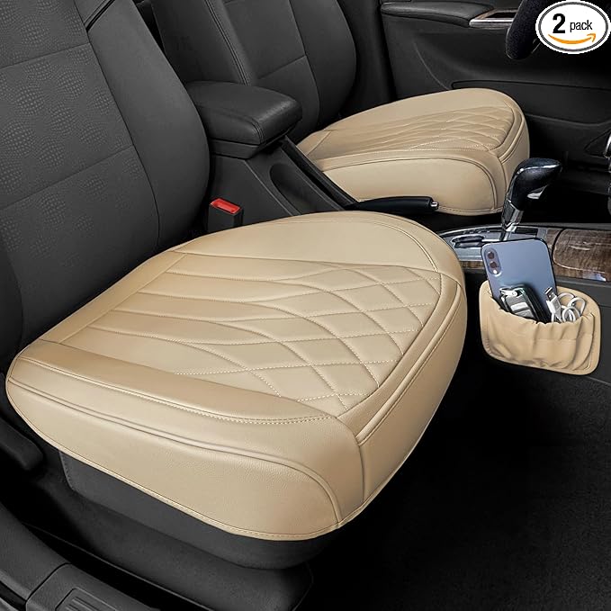 BEITK 2 Pack Leather Front Car Seat Cover Bottom Car Seat, Universal Anti-Slip Driver Car Seat Protectors with Storage Pocket, Waterproof Bottom Auto Seat Cushion Pad Mat for Most Vehicles(Beige)