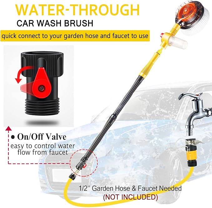 Car Wash Brush with Hose Attachment, 360 Spin Car Wash Brush with Soap Dispenser, Soft Bristle Car Cleaning Brush Mop Scrub Brush, Flow Through Car Washing Brush Kit Long Handle (Yellow)