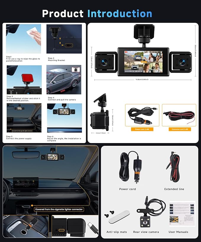 360° Dash Cam Front and Rear Inside Left Right, 4 Channel FHD 1080P Dash Cam for Cars, 3 Inch IPS Dashcams with Night Vision, Loop Recording, 24H Parking Mode Monitor, Reverse View