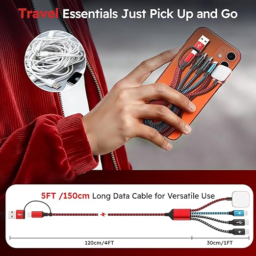 Travel Essentials Dual Type-C Port 4 in 2 Multi Charging Cable for iWatch Charger/iPhone 17/IP, Cruise Vacation Camping Essentials 2026 for iWatch 11-2/Ultra,iPhone 17-8, GalaxyS26-S21,Car -2Pack,5FT