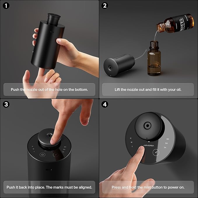 Airversa Waterless Essential Oil Diffuser Starter Kit with 4 x 10mL Fragrance Scent Oil, Battery Operated Mini Scent Air Machine Portable Diffuser for Home Car Office, ANX Titanium Kit-C