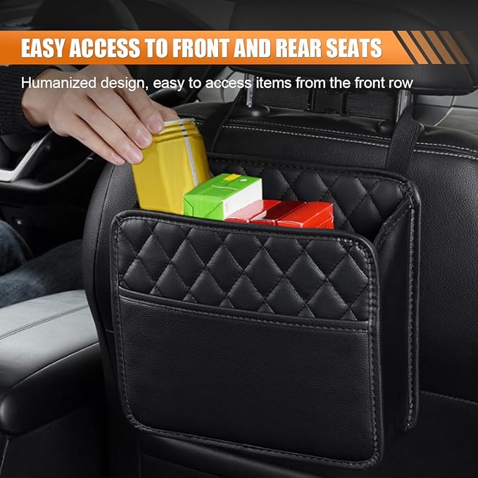 LAINLOY Classic Car Backseat Organizer, Black, 8L Capacity, Foldable, Hanging Mount, PU Leather, Unisex, 1 Count