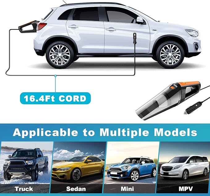 FRESMOL Car Vacuum, Portable Car Vacuum Cleaner High Power 8000Pa, Small 12V Handheld Vacuum with LED Light,16.4Ft Corded, Deep Detailing Cleaning Kit of Car Interior with Dry for Men/Women