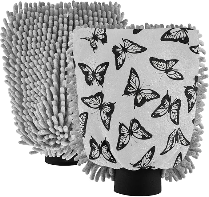 Qilmy Black Butterfly Pattern Microfiber Chenille Car Wash Sponge Scratch Free Car Wash Mitt Absorbent Mitt Sponge for Trucks SUVs Car Washing Home Cleaning, Medium