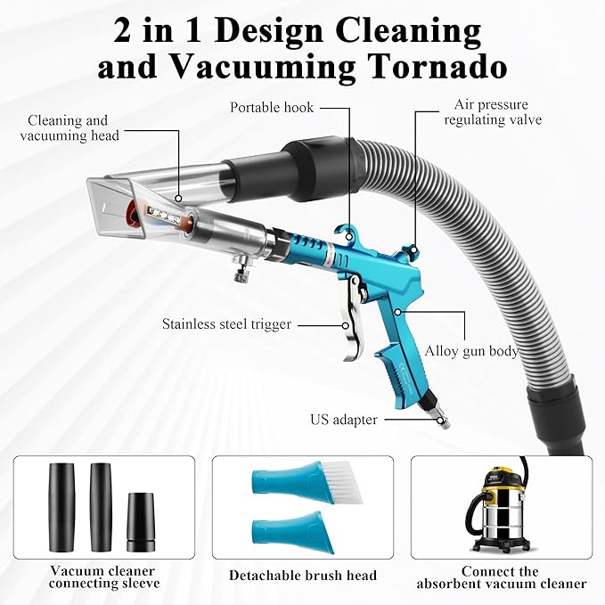 GOCCIDA 2IN1 Car Interior Detailing Air Blow Gun & vacunm Gun with Adjustable Air Flow Nozzle,Cleaning Gun Quickly Blasts Dirt and Dust from Surface Works with Air Compressor(Upgrade Rotate Tube) Blue