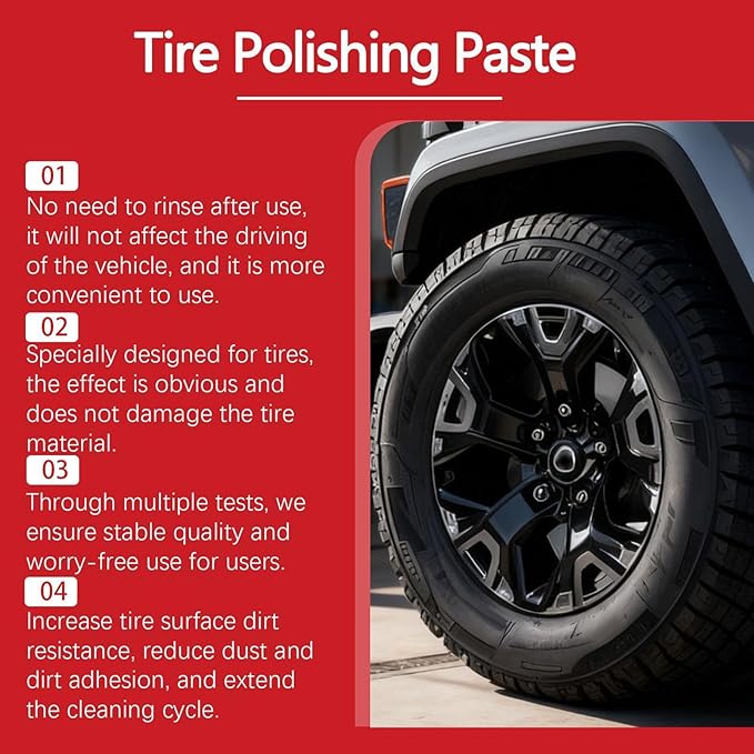 Tire Shine Agent | Durable and User Friendly Tire Dressing | Long Lasting UV Protection for Black Tires, Wheels, & Rubber | 100g Kit with Applicator Pad