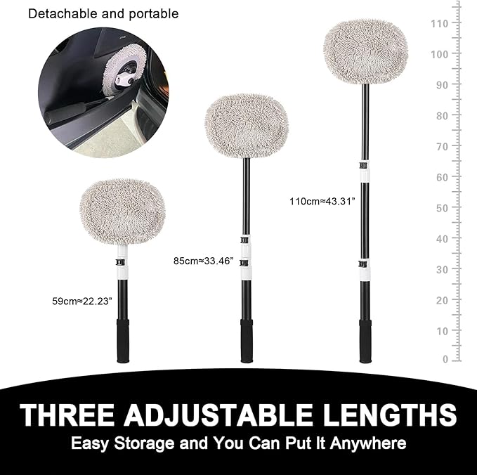15° Curved Car Wash Brush with 43" Telescopic Handle – Microfiber Chenille Car Wash Mop for RV, SUV, Truck & Boat – Soft, Scratch-Free Extendable Cleaning Tool (White&Black)