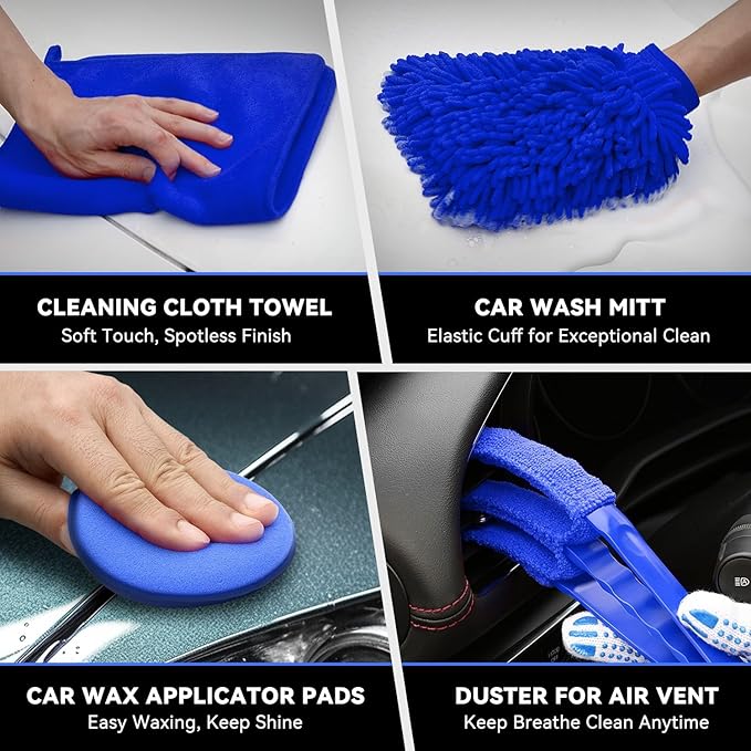 Auto Dynasty Car Detailing Kit, 19PCS Car Detailing Brush Set for Interior Exterior Wheels, Professional Car Care Cleaning Wash Kit with Duster for Air Vent, Car Accessories (Blue)