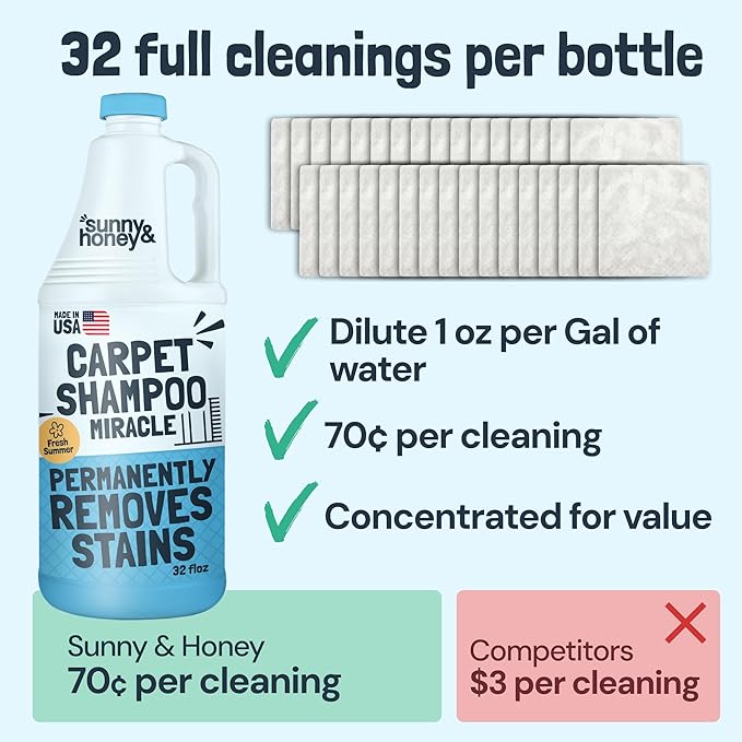 Sunny & Honey Carpet Cleaner Solution - Rug Shampoo & Upholstery Cleaning Solution - Pet Surface Odor Eliminator & Pet Stain Remover (32 fl oz, Fresh Summer Scent)
