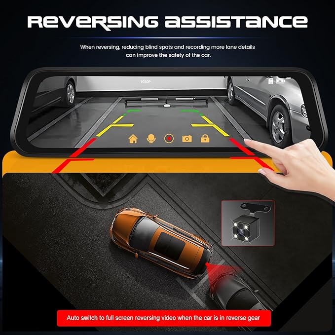 9.66 Inch IPS Mirror Dash Cam 1080P Front 480P Rear Dual Lens Touch Screen Dash Cam Front and Rear 150° Wide Angle Night Vision Loop Recording Reverse Assistance Motion Detection