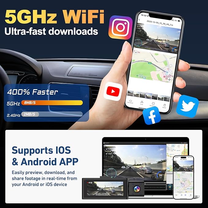 3 Channel Dash Cam Front Inside Rear, Uber Dash Cam for Cars, 2.5K Front + 1080P Cabin & Rear, 5GHz WiFi App Control, 24H Parking Mode, IR Night Vision, G-Sensor, Loop Recording, 64GB Included