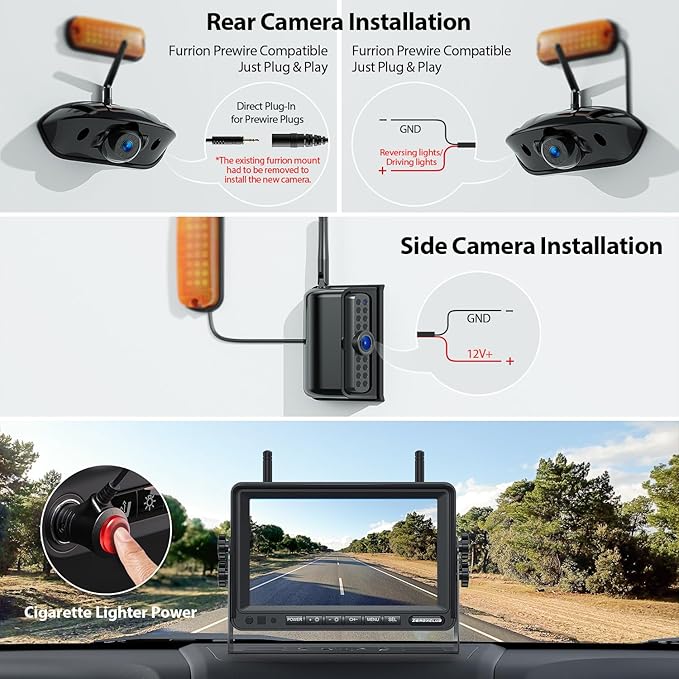 ZEROXCLUB 4 Cameras Wireless RV Backup System with 7-Inch Monitor, 2 Rear Sharkfin 2 Side Cameras, IR Night Vision, IP69k Waterproof Recording, Compatible with Furrion Pre-Wired RV Truck Trailer BW4